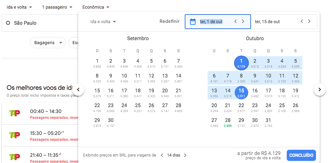 Google Voos preços por data