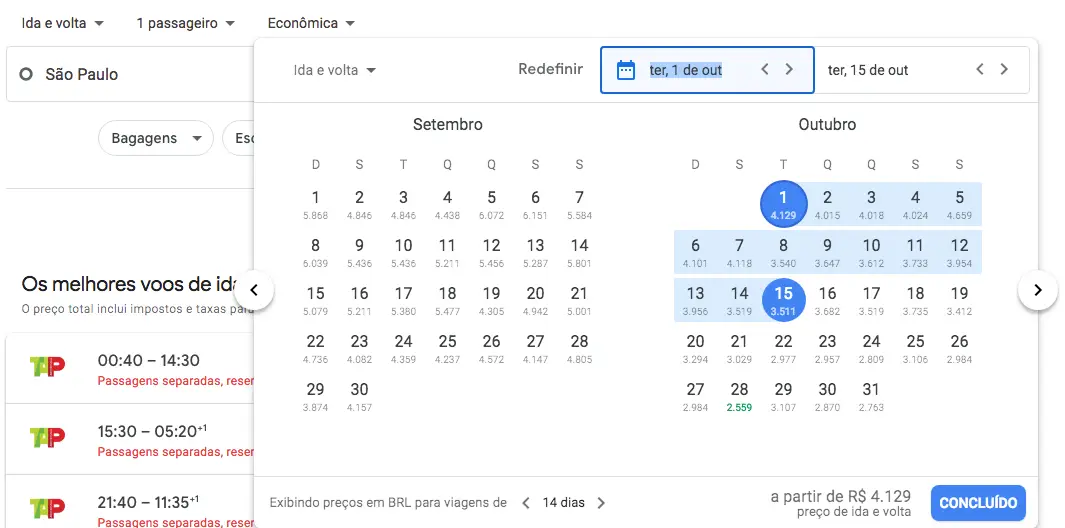 Google Voos preços por data